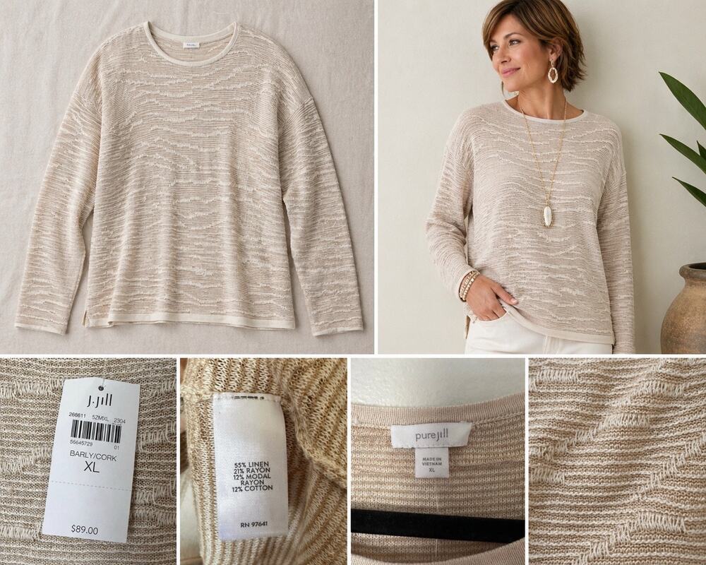 pure jill j textured domain sweater linen blend long sleeve size XL Cork New $89